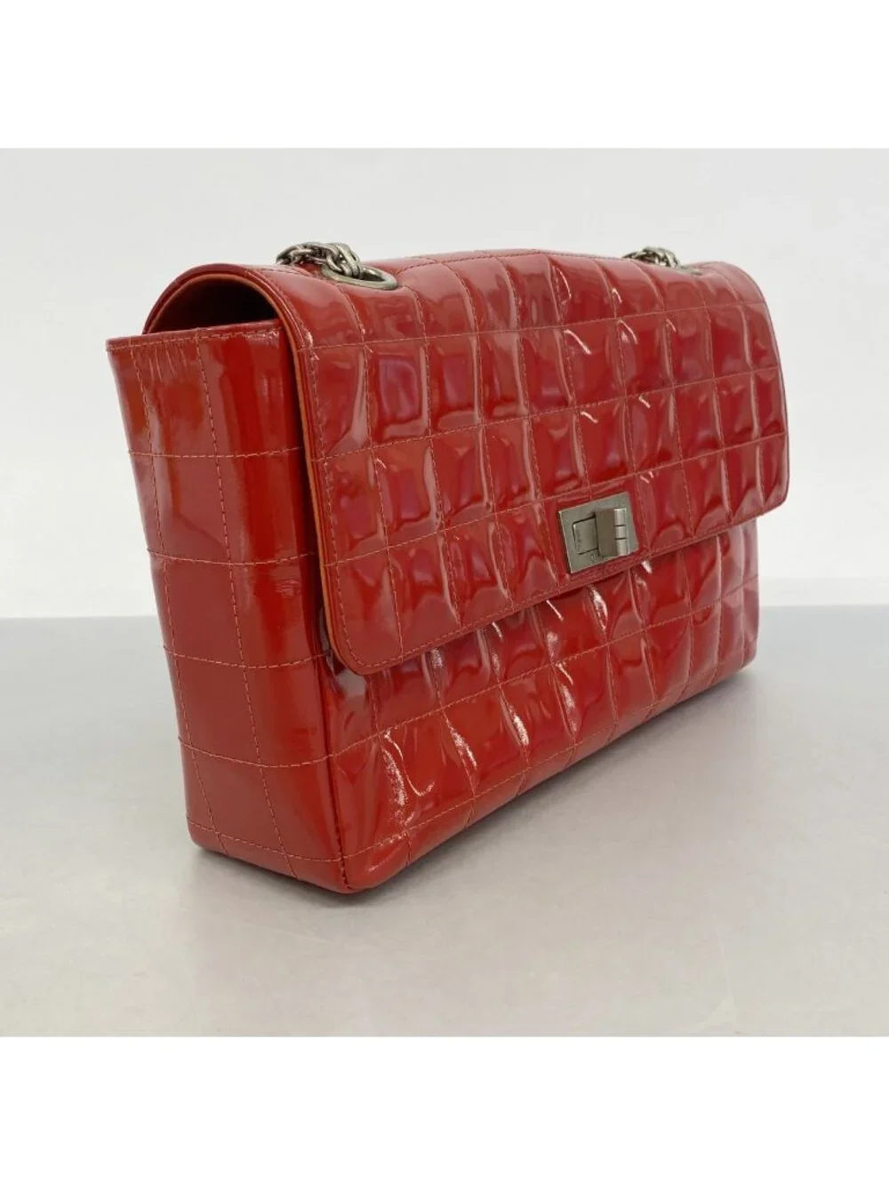 Chanel Shoulder Bag 2.55 Choco Bar Patent Leather Red Silver